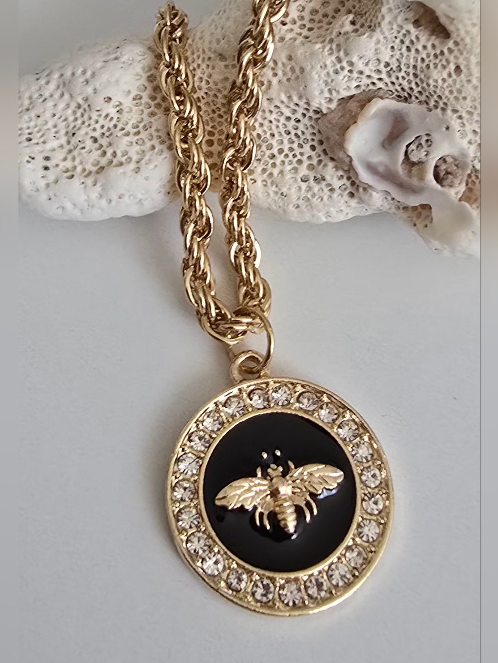 Gold Bee Pendant Necklace with Black Enamel and Crystal Accents